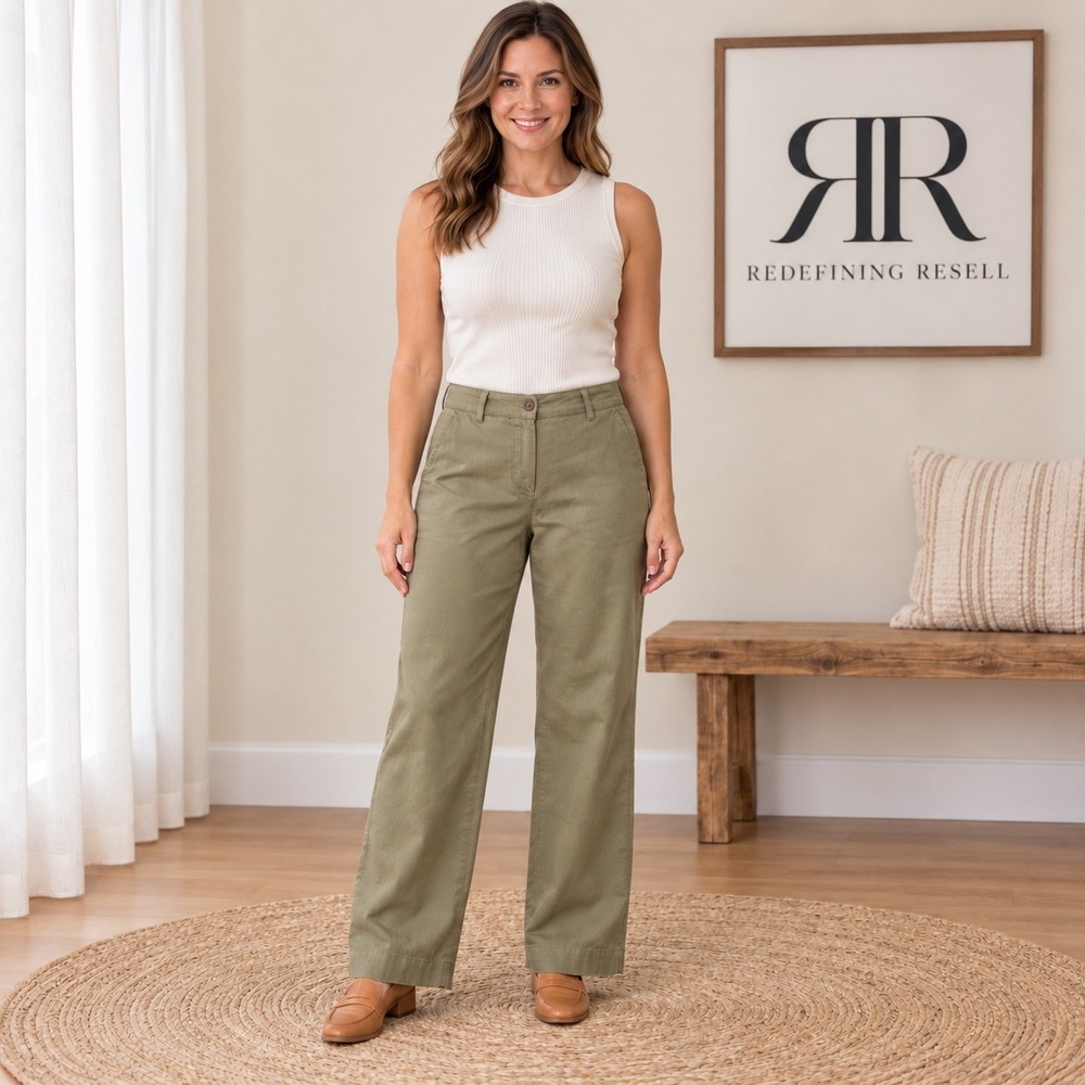 Talbots Womens 8 Olive Green Tencel Linen Blend Wide Leg High Rise Pants JO3069